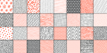 Abstract hand drawn geometric simple minimalistic seamless patterns set. Polka dot, stripes, waves, random symbols textures. Vector illustrationのイラスト素材