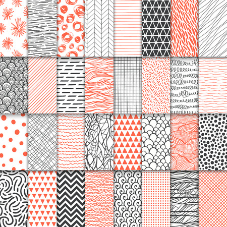 Abstract hand drawn geometric simple minimalistic seamless patterns set. Polka dot, stripes, waves, random symbols textures. Vector illustrationのイラスト素材