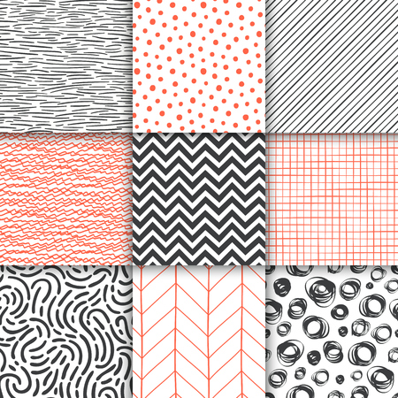 Abstract hand drawn geometric simple minimalistic seamless patterns set. Polka dot, stripes, waves, random symbols textures. Vector illustrationのイラスト素材