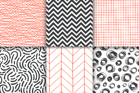 Abstract hand drawn geometric simple minimalistic seamless patterns set. Polka dot, stripes, waves, random symbols textures. Vector illustrationのイラスト素材