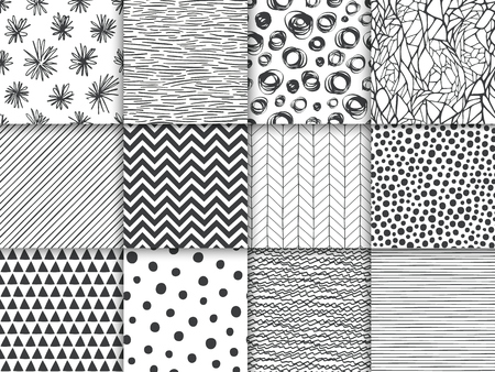 Abstract hand drawn geometric simple minimalistic seamless patterns set. Polka dot, stripes, waves, random symbols textures. Vector illustrationのイラスト素材