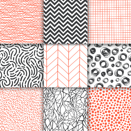 Abstract hand drawn geometric simple minimalistic seamless patterns set. Polka dot, stripes, waves, random symbols textures. Vector illustrationのイラスト素材