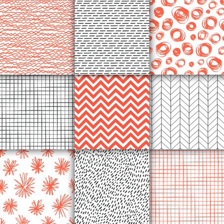 Abstract hand drawn geometric simple minimalistic seamless patterns set. Polka dot, stripes, waves, random symbols textures. Vector illustrationのイラスト素材