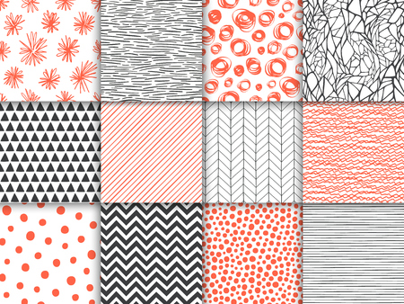 Abstract hand drawn geometric simple minimalistic seamless patterns set. Polka dot, stripes, waves, random symbols textures. Vector illustrationのイラスト素材