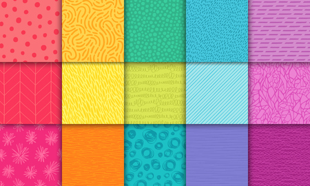 Abstract hand drawn rainbow geometric simple minimalistic seamless patterns set. Polka dot, stripes, waves, random symbols textures. Vector illustrationのイラスト素材