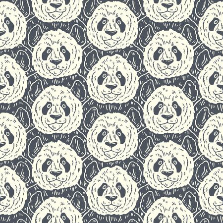 Cute funny cartoon panda seamless pattern. Vector illustration hand drawn in lines. Trendy doodle backgroundのイラスト素材