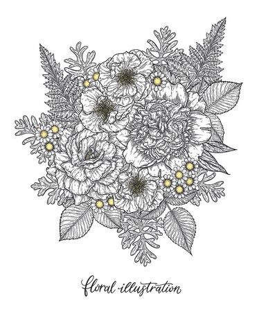 Roses and peonies flower bouquet hand drawn in lines. Black and white monochrome graphic doodle elements. Isolated vector illustration, coloring page or invitation card templateのイラスト素材