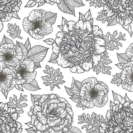 Seamless pattern with roses and peonies flower bouquet hand drawn in lines. Black and white monochrome graphic doodle elements. Isolated vector illustration, template for designのイラスト素材