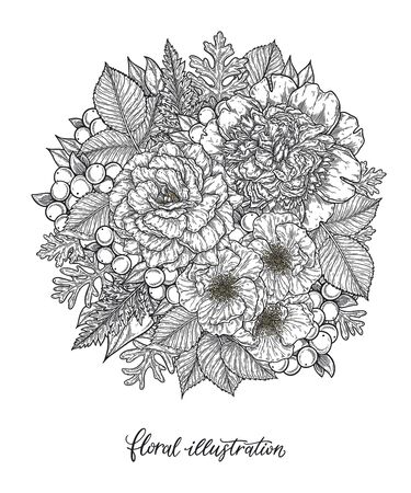 Roses and peonies flower bouquet hand drawn in lines. Black and white monochrome graphic doodle elements. Isolated vector illustration, coloring page or invitation card templateのイラスト素材