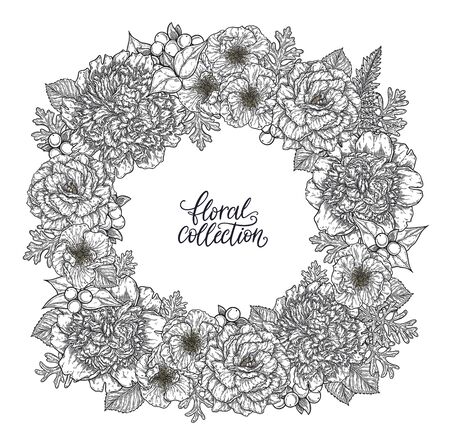 Roses and peonies flower bouquet wreath border hand drawn in lines. Black and white monochrome graphic doodle elements. Isolated vector illustration, template for designのイラスト素材