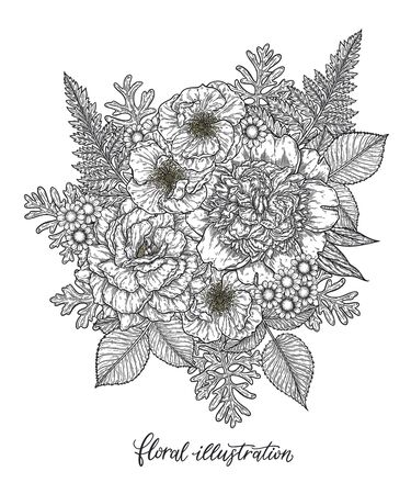 Roses and peonies flower bouquet hand drawn in lines. Black and white monochrome graphic doodle elements. Isolated vector illustration, template for designのイラスト素材