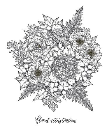 Roses and peonies flower bouquet hand drawn in lines. Black and white monochrome graphic doodle elements. Isolated vector illustration, coloring page or invitation card templateのイラスト素材