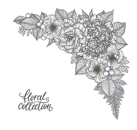 Roses and peonies flower bouquet hand drawn in lines. Black and white monochrome graphic doodle elements. Isolated vector illustration, template for designのイラスト素材