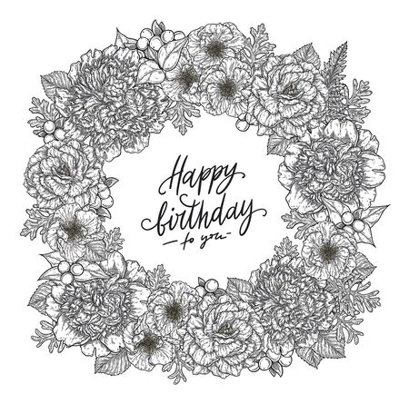 Roses and peonies flower bouquet wreath border hand drawn in lines. Happy birthday hand lettering card template. Black and white monochrome graphic doodle elements. Isolated vector illustrationのイラスト素材