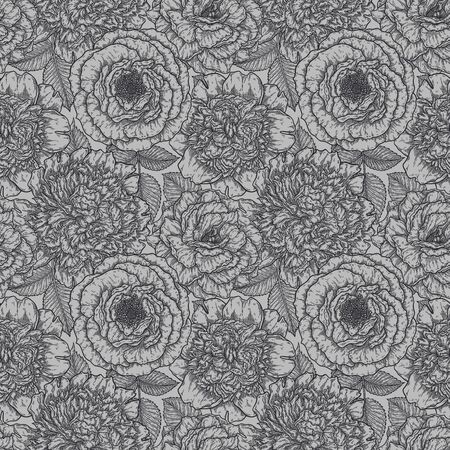 Seamless pattern with roses flower hand drawn in lines. Black and white monochrome graphic doodle elements. Isolated vector illustration, template for designのイラスト素材