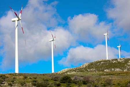 Eco-sustainable natural Sicilian landscape with renewable wind energy plantの写真素材