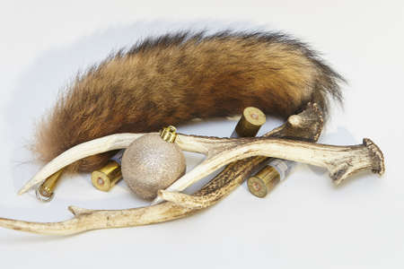 Pair of deer antlers, fox tail and bullets isolated on a white backgroundの写真素材