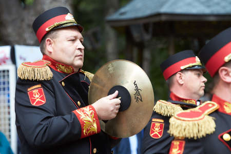CHISINAU/MOLDOVA - 05.14.2016: Moldovan military orchestra is playing music in central park, during...