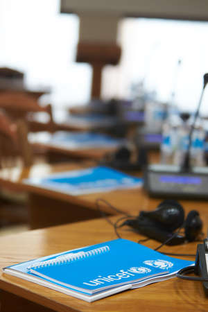 folders and notebooks with logo Unicefのeditorial素材