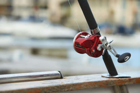big game fishing reel in natural settingの写真素材