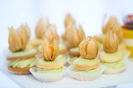 catering banquet table with appetizers, colored sweet cakes with chocolate and cream. Close up of...