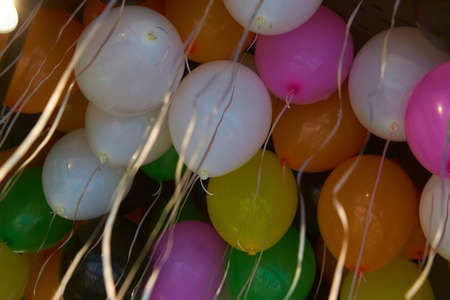 Many colorful helium balloons hanging on the ceiling