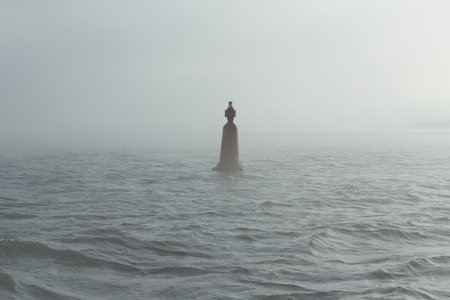 A marker buoy floating in the sea. beacon. Sunny late autumn afternoon in a fog.