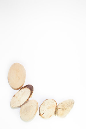 Wooden circles on a white background.の写真素材