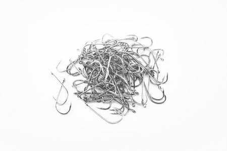 Fishing hooks on an isolated white background.