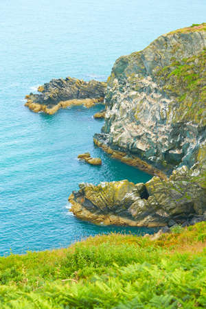The cliff on the blue ocean waves and green grass hills and birds flying around.
