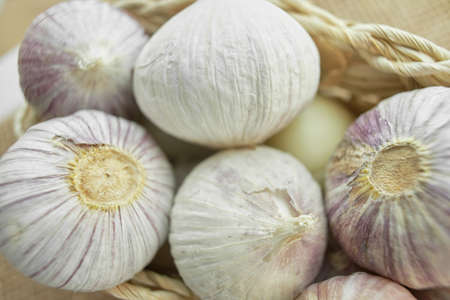 Fresh organic garlic in wicker basket on sackcloth. Autumn harvest, an ingredient for healthy cooking. Rustic styleの写真素材