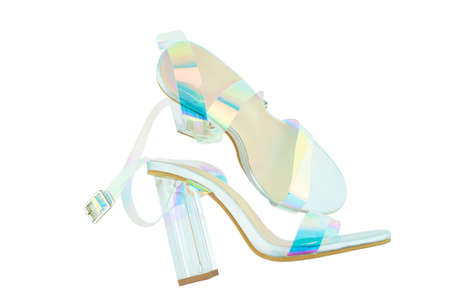Women's chameleon high heel sandals isolated on the white background.の写真素材