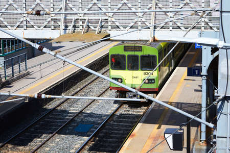 View of DART train at Malahide train station in Dublin, Ireland.