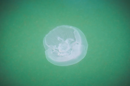 Illuminated moon jellyfish (Aurelia aurita) in seawater.の写真素材