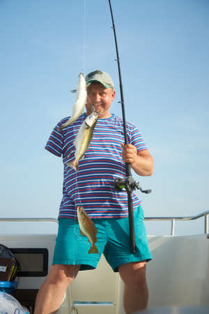 Fisherman hold the rod with three Pollock fishes in hooks on the boat. Fishing trips in the sea.