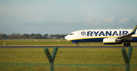 Dubli, Ireland - 10.11.2021: Ryanair airplane on the Dublin airport. Commercial airplane jetliner...
