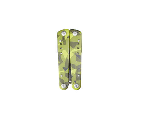 Swiss knife isolated on white background. green carbon and grey multi functional tool.