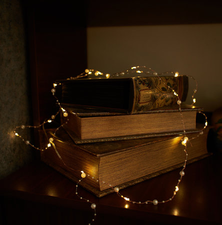 Holiday electric gold, yellow garlands.Christmas tree decoration.の写真素材