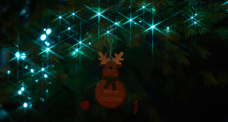 Close up of holiday electric blue garlands on fir branch with Christmas tree decoration and candy sweet. Candy cane hanging onto the branch of a Christmas treeの写真素材