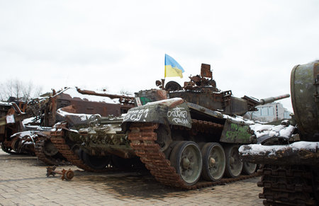 Kyiv, Ukraine - 03.29.2023: Civilian car shot by Russian soldiers. War in Ukraine. Destroyed russian...