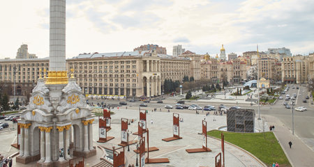 Kyiv, Ukraine - 03.27.2023: Independence Square and Khreshchatyk Street in war time in Kyiv, Ukraine. War of Russia against Ukraine. View of Maidan Nezalezhnosti.のeditorial素材