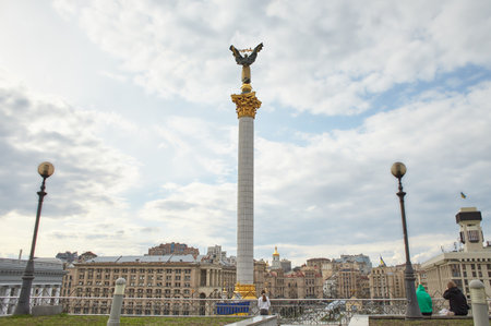 Kyiv, Ukraine - 03.27.2023: Independence Square and Khreshchatyk Street in war time in Kyiv, Ukraine. War of Russia against Ukraine. View of Maidan Nezalezhnosti.のeditorial素材
