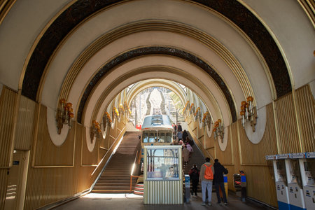 attraction, blue, building, cable, city, culture, destination, electrical, europe, famous, funicular, funicular station, great, hall, historic, historical, inside, interior, kiev,のeditorial素材