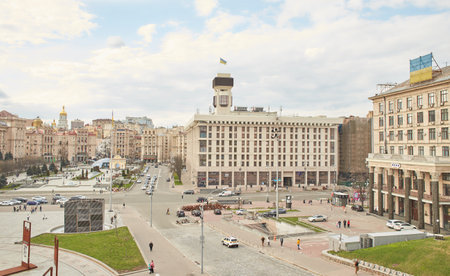 Kyiv, Ukraine - 03.27.2023: Independence Square and Khreshchatyk Street in war time in Kyiv, Ukraine. War of Russia against Ukraine. View of Maidan Nezalezhnosti.のeditorial素材