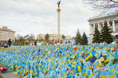 Kyiv, Ukraine - 03.27.2023: Independence Square with yellow and blue flags in memory of the fallen defenders of Ukraine in war time in Kyiv, Ukraineのeditorial素材