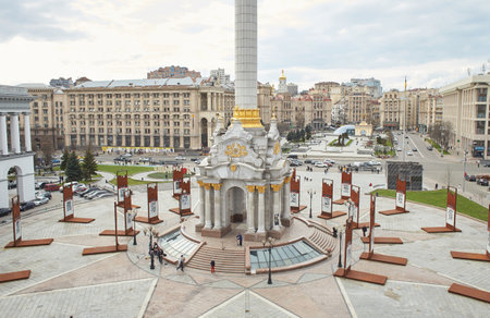 Kyiv, Ukraine - 03.27.2023: Independence Square and Khreshchatyk Street in war time in Kyiv, Ukraine. War of Russia against Ukraine. View of Maidan Nezalezhnosti.のeditorial素材