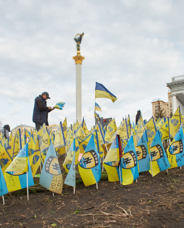 Kyiv, Ukraine - 03.27.2023: Independence Square with yellow and blue flags in memory of the fallen defenders of Ukraine in war time in Kyiv, Ukraineのeditorial素材