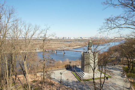Kyiv, Ucraine-03.30.2023: Top view to Kyiv city from Pedestrian and bicycle bridge across Saint Volodymyr descent in Kyiv, Ukraineのeditorial素材