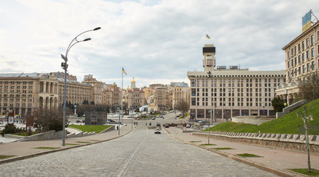 Kyiv, Ukraine - 03.27.2023: Independence Square and Khreshchatyk Street in war time in Kyiv, Ukraine. War of Russia against Ukraine. View of Maidan Nezalezhnosti.のeditorial素材