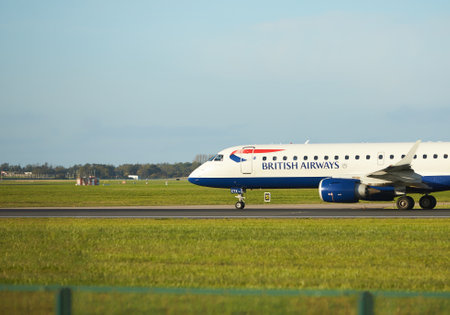 Dubli, Ireland - 10.11.2021: Ryanair airplane on the Dublin airport. Commercial airplane jetliner landing in beautiful sunset light. Flight travel transport airline background concのeditorial素材